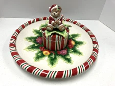 Fitz & Floyd PEPPERMINT TEDDY BEAR Christmas Chip n' Dip Serving Platter  30