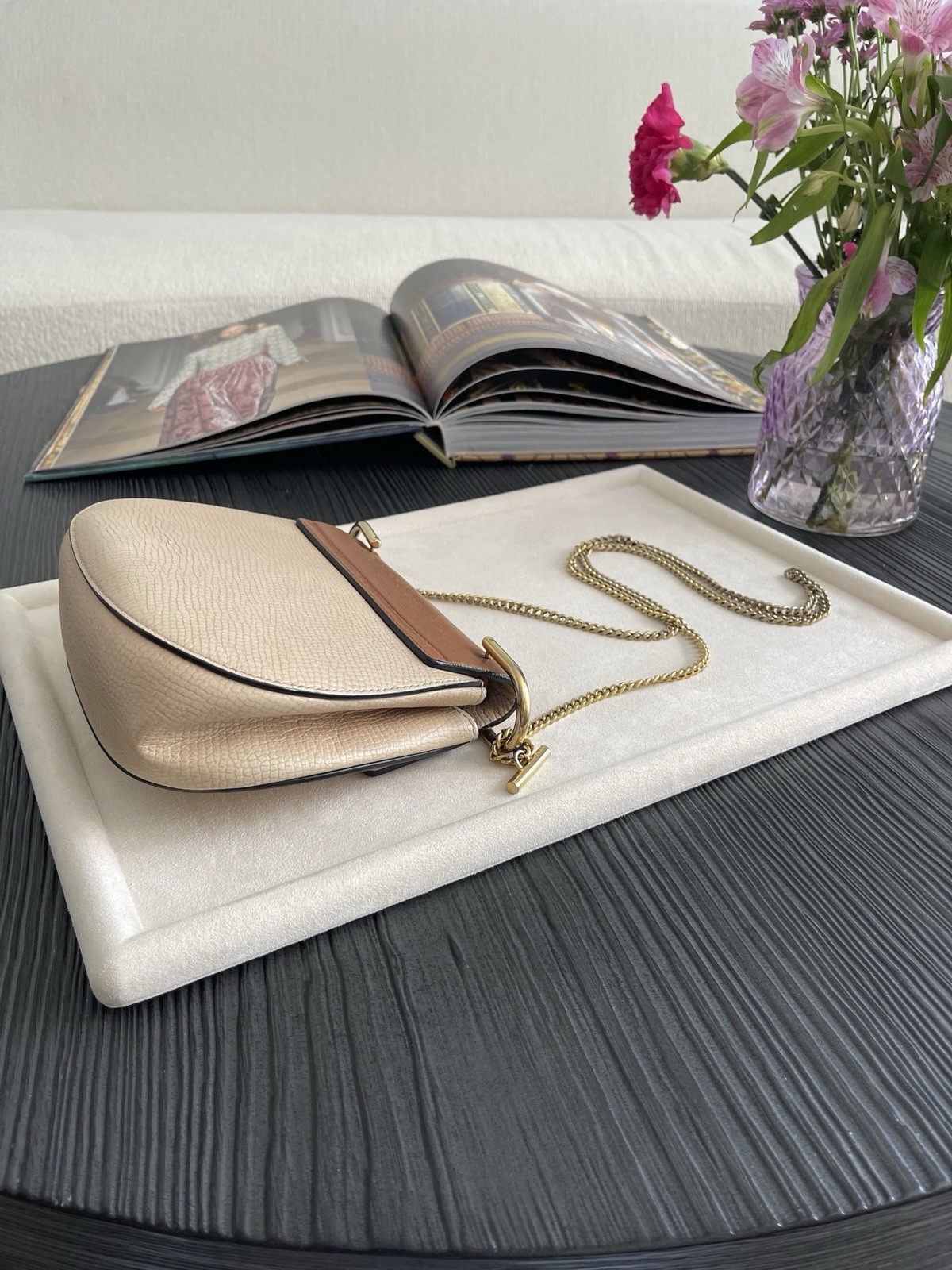 Chloé Drew Small Crossbody Bag Beige Textured Leather Brown Flap Gold Chain image 6