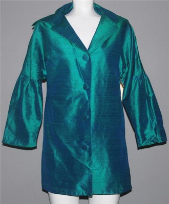 Vian Hunter Turquoise Teal Nubby Silk Gathered Back Sleeves Lined Coat Wm's S-M