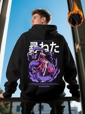 Men'S Anime Graphic Hoodie - Black Streetwear Pullover with Hood, Loose Fit Wint