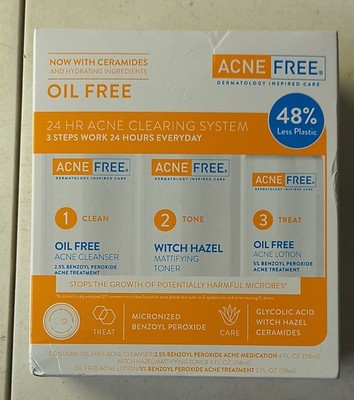 Acne Free 3 Step 24 Hour Acne Treatment Kit - Clearing System w Oil Free Acne