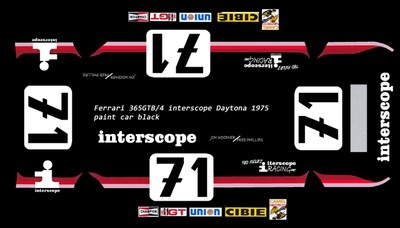 #71 INTERSCOPE Racing Ferrari 365 1975 1/24th - 1/25th Scale Waterslide Decals