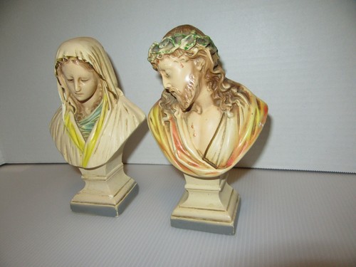 Beautiful Vintage Chalkware Jesus And Mary Bust Figurines/Wall Hangings-7 1/2" T - Picture 3 of 9