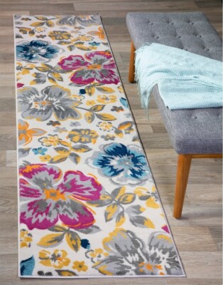 NIP Modern floral design Kitchen rug 2x7 ft carpet runner pink blue gray flowers