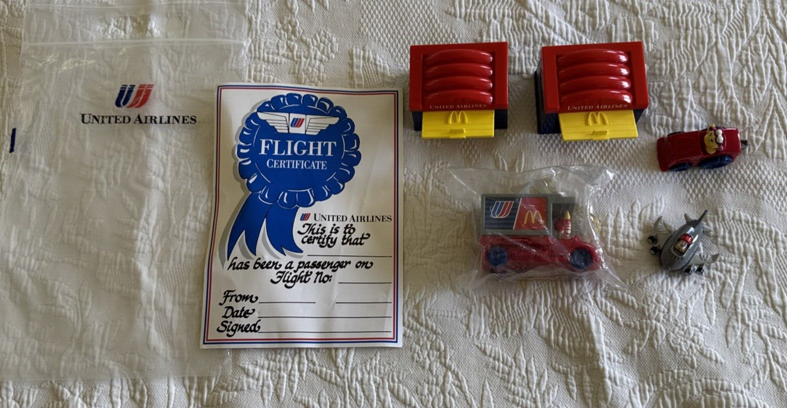Lot Of 6 -90s McDonald's United Airlines Friendly Skies Happy Meal Items