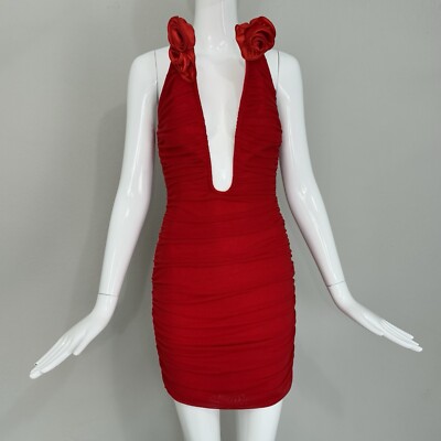 NWT Rania Rose Party Mini Dress 3d Flower Deep V-Neck Sleeveless Backless Ruched
