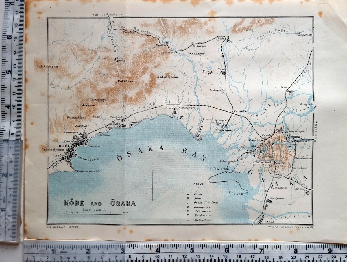 1913 JAPAN JAPANESE TOURIST MAP KOBE & OSAKA TOKAIDO RAILWAY