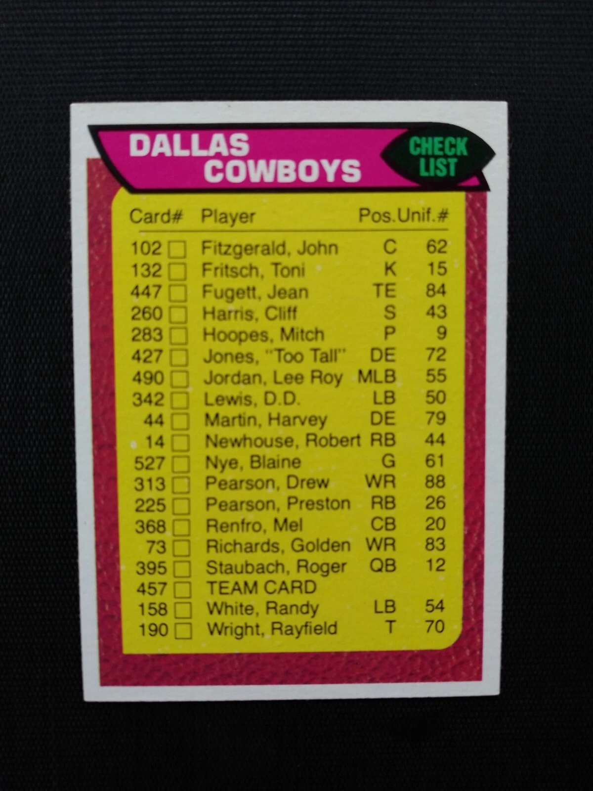 Dallas Cowboys trading card