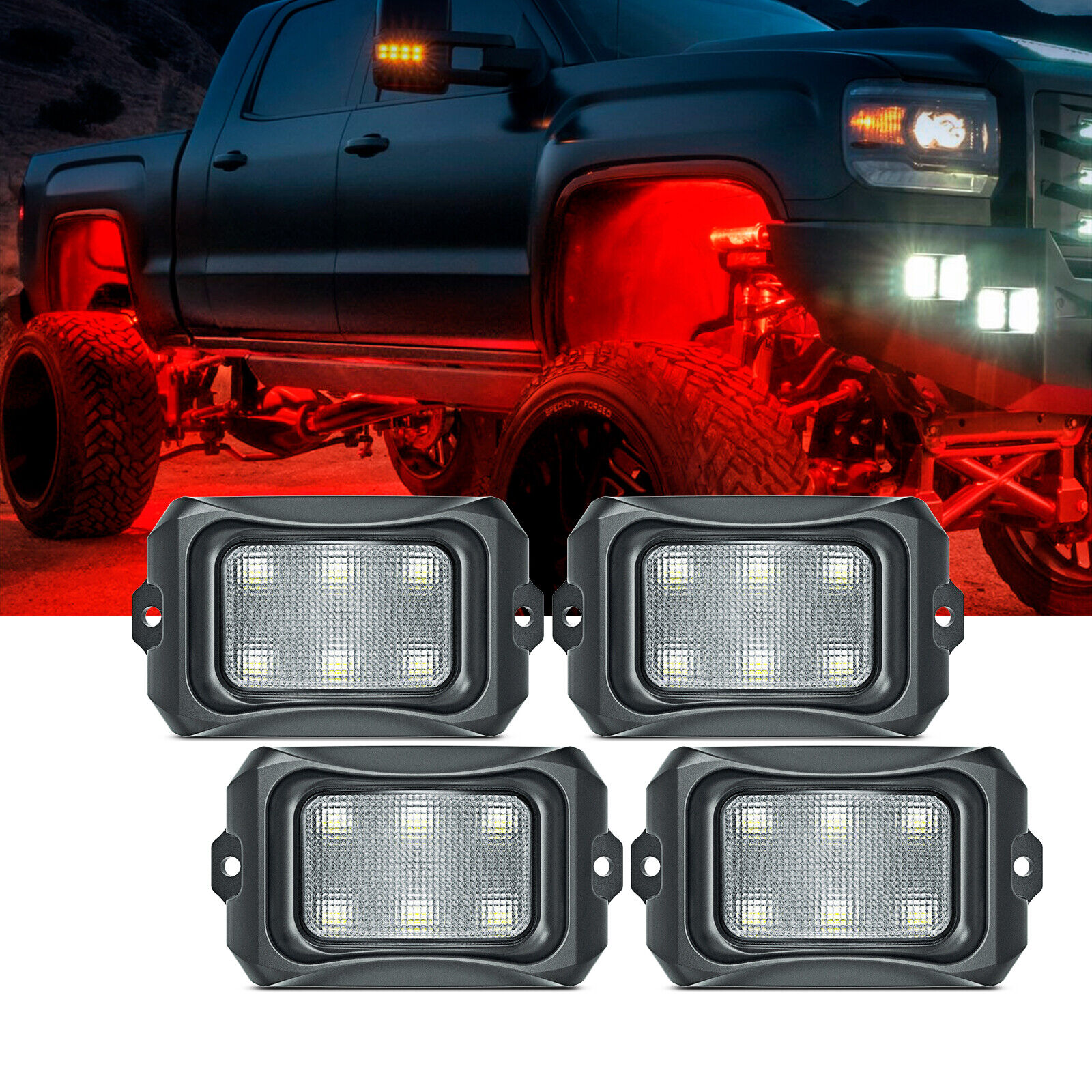 MICTUNING C2 LED Rock Light Pure Red 4 Pods IP68 Underglow Glow