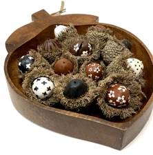 Bur Oak Jumbo Acorns Hand Painted with Monkey Pod Wood Acorn Bowl Decor
