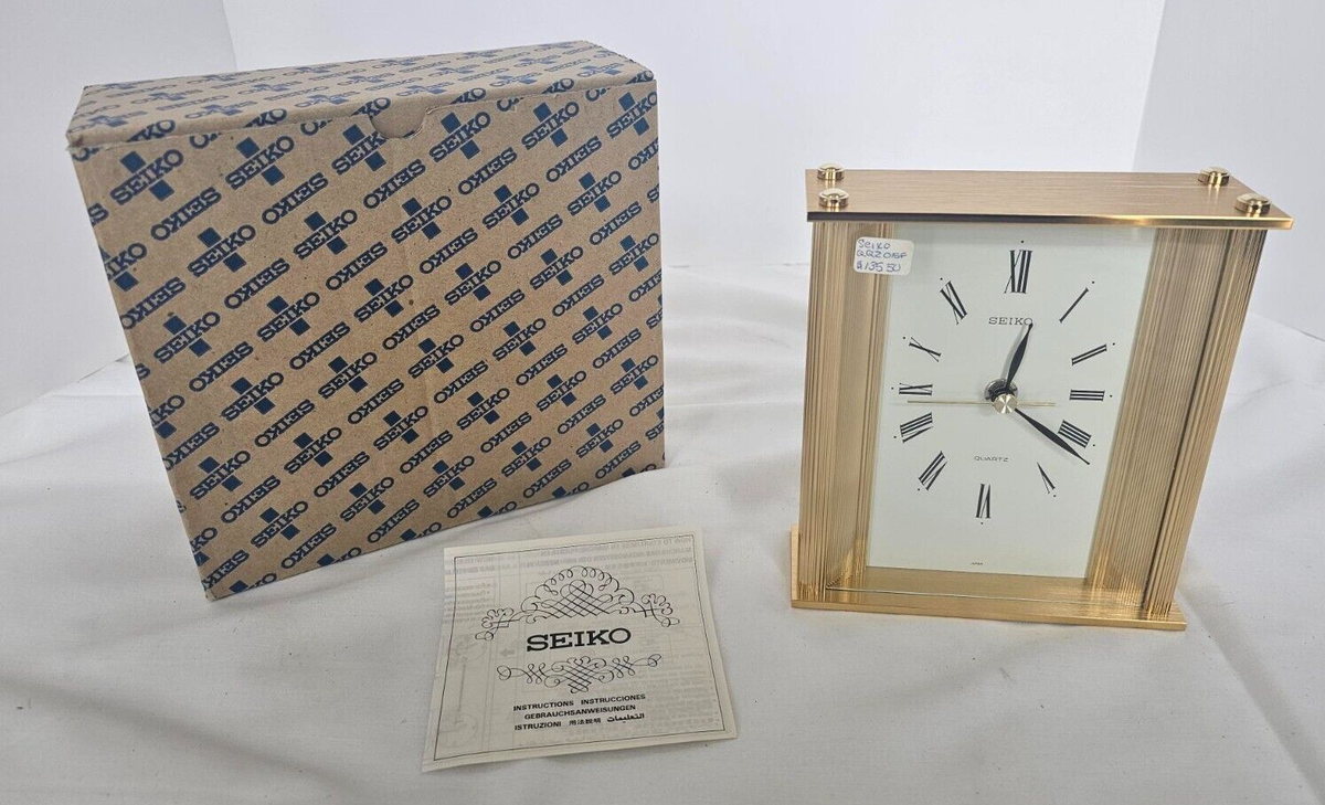 Vtg SEIKO QUARTZ MANTEL OR TABLE CLOCK QQZ015F Gold tone NIB