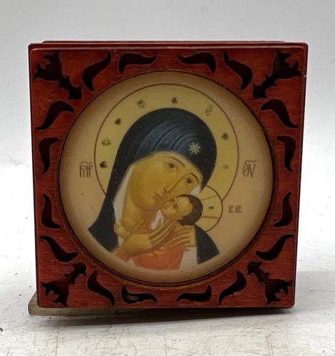 Vintage Icon of Virgin Mary Baby Jesus on Wooden Box Byzantine Style Small - Picture 6 of 9