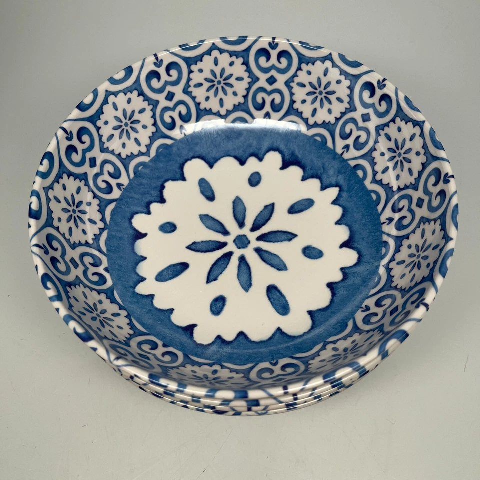 8 Pc Blue Malta Tile Pattern Melamine Plate & Bowl Set 4 Plc Settings Rachel Ray - Image 4 of 4