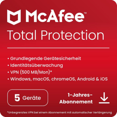 McAfee Total Protection + VPN| 5 Geräte |  1 Jahr | Key schnell per eMail|ESD