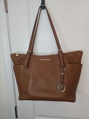 Michael Kors Jet Set Saffiano Leather Tan Top Zip Tote Bag PURSE