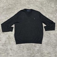 Polo Ralph Lauren Sweater Mens Large Gray Merino Wool V Neck Preppy Lightweight
