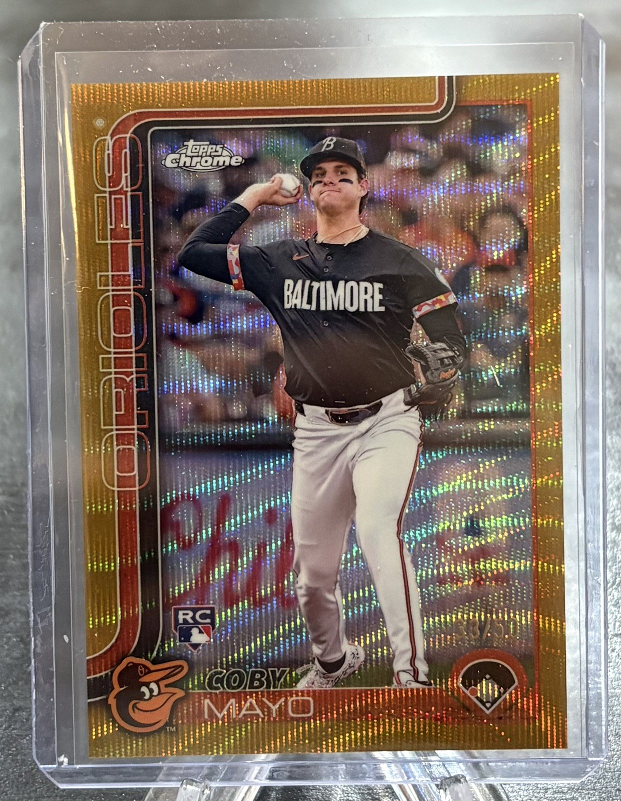 2025 Topps Chrome Baseball Coby Mayo Gold Wave /50 Rookie #120 Orioles
