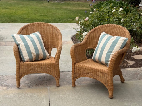 Pair of Coastal Wicker Club Chairs – Honey Rattan | Vintage Patio Lounge Chairs