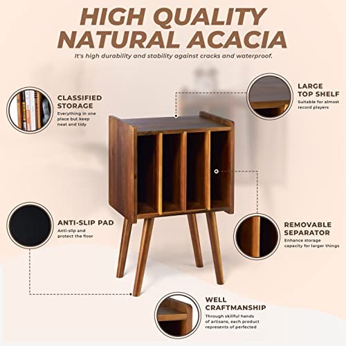 Wooden LP Record Player Stand with 4 Cabinets, Holds up to 2-Tier Warm Acacia