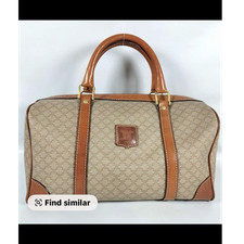CELINE Macadam Pattern Duffle Bag Brown Beige Leather Trim Zip Closure Women