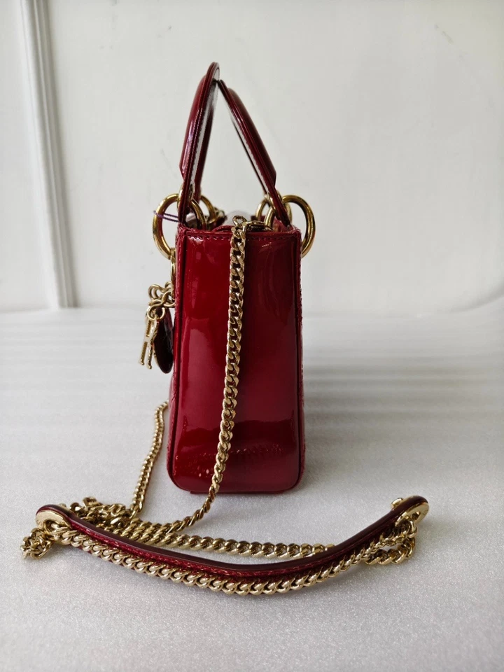 Dior Lady Dior Red Gold Hardware Patent Leather Handbag Chain Crossbody Bag - Image 4 of 4
