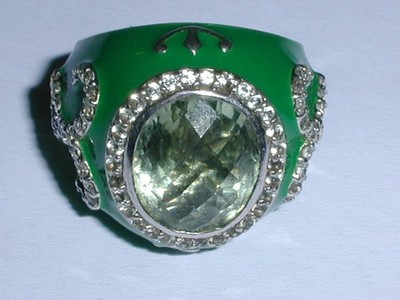 BEAUTFUL-SIMA K- SKJ STERLING GREEN ENAMEL AQUAMARINE CZ RING- SIZE 6- MINTY!
