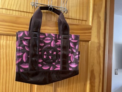 TORY BURCH Ella brown pink cotton patent leather lips kiss shoulder bag Tote