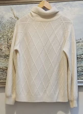 LilySilk Cream Pure cashmere Diamond Knit Detail Roll Neck Jumper S Fits UK10-14