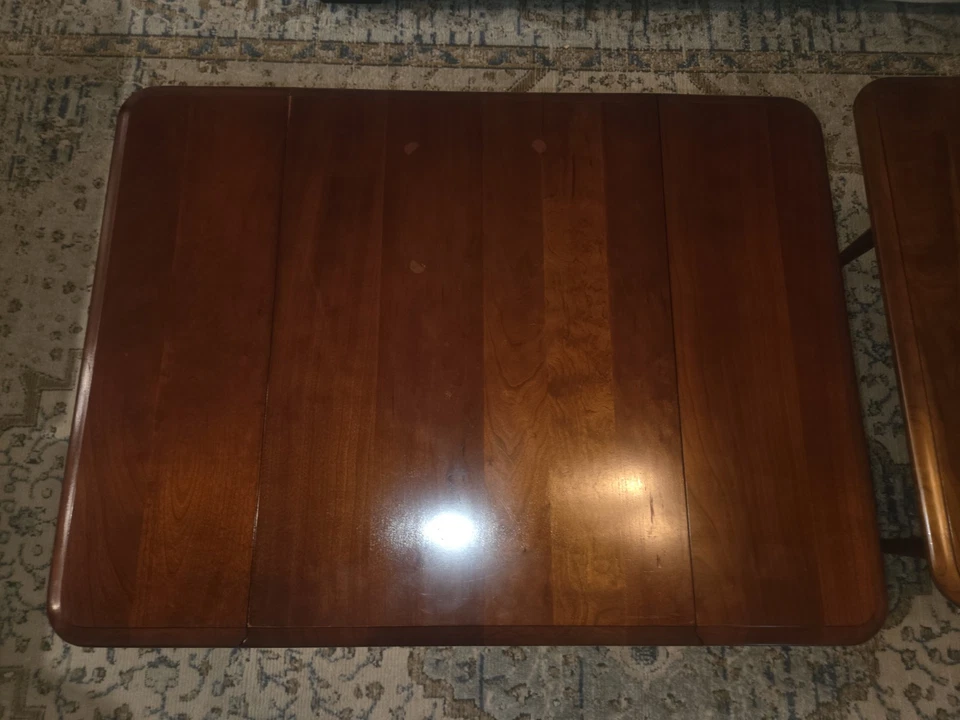 Pair of Vintage Solid Wood End Tables Queen Anne Style Cherry Finish Brass Pulls - Image 4 of 4