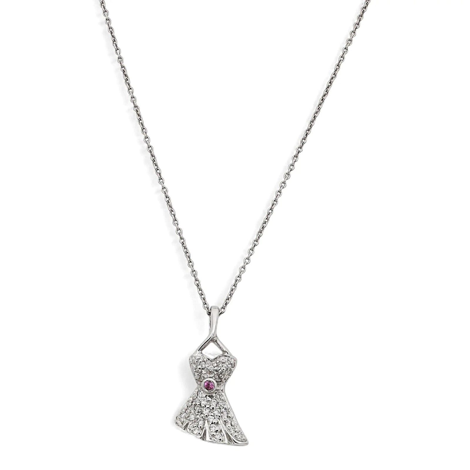Round Diamonds & Ruby Women Dress Pendant Necklace 18K White Gold