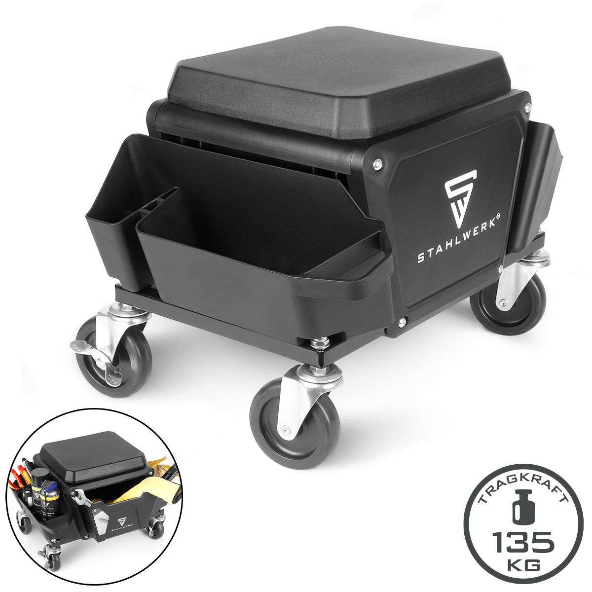 STAHLWERK mobile workshop stool with drawer and side compartments Load capacity