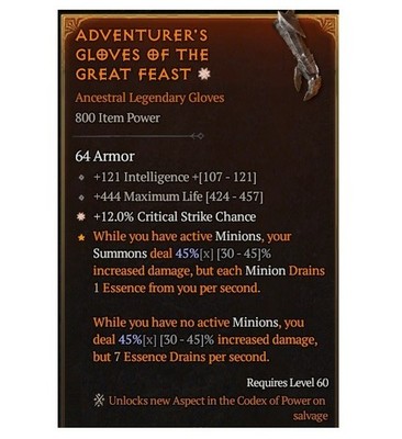Diablo 4 Eternal Adventurer's Gloves Of The Great Feast 1GA Legendary Item Gear