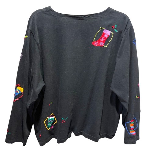 Michael Simon Lite Black Cardigan Sweater Women's Size 2X Embroidered Holiday Ch - Imagen 2 de 8