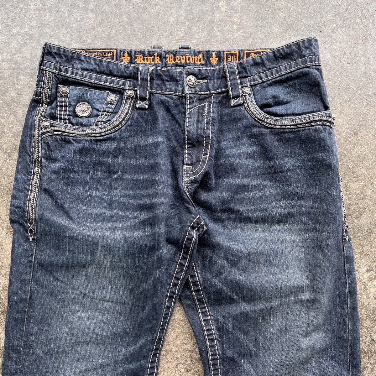 MR NEARLY★Vintage Fold Over Straight Embroidered Jeans MR19 Sazz Vintage Clothing: (32x38) Mens Vintage Embroidered