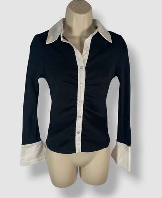Cinq A Sept Women's Black Lola Two-Tone Long Sleeve Button-Up Shirt Top Size XS
