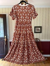 Tiffany & Grey Maxi Dress Copper Brown Floral Boho Peasant Ruffle Tiered Size S