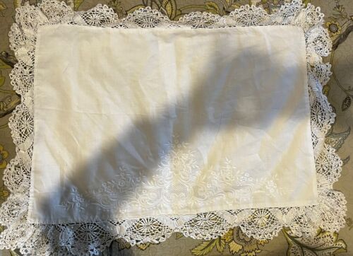 Paper White Set 2 Linen Blend Shams W/Beautiful Embroidery 3”Crocheted Lace - Picture 5 of 7