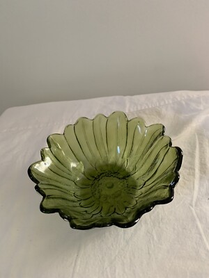 Vintage Indiana Green Glass Lily Pons Sunflower Bowl Candy Dish 7'' x 2.5''