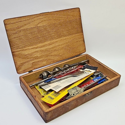 Irwin Skil Vintage Lot Of Drill Bits Mix Sizes Types New Used Oak Wood Box