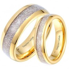 His And Hers Matching Meteorite Inlay Gold Wedding Engagement Band Ring Set -UK