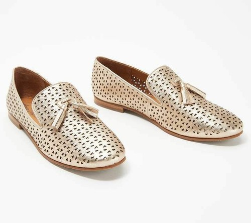 New Patricia Nash Francesca Perforated Gold Leather Tassel Loafers Shoe Size 6 - 第 1/5 張圖片