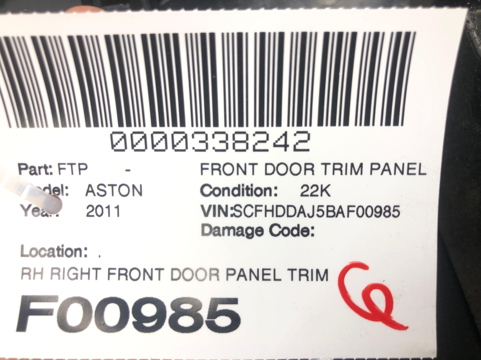 2010-2020 ASTON MARTIN RAPIDE RIGHT FRONT DOOR PANEL TRIM COVER LEATHER OEM