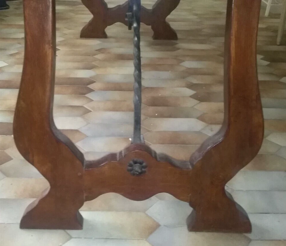 ancienne Table à la "Catalane" pieds lyre, entretoises en ferronnerie - Photo 2/4