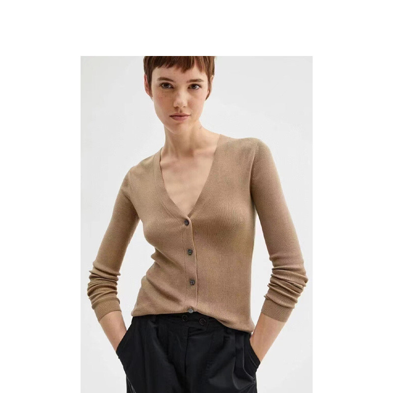 Womens Real 100% Mulberry Silk V Neck Long Sleeve Thin Cardigan Sweater Slim Fit