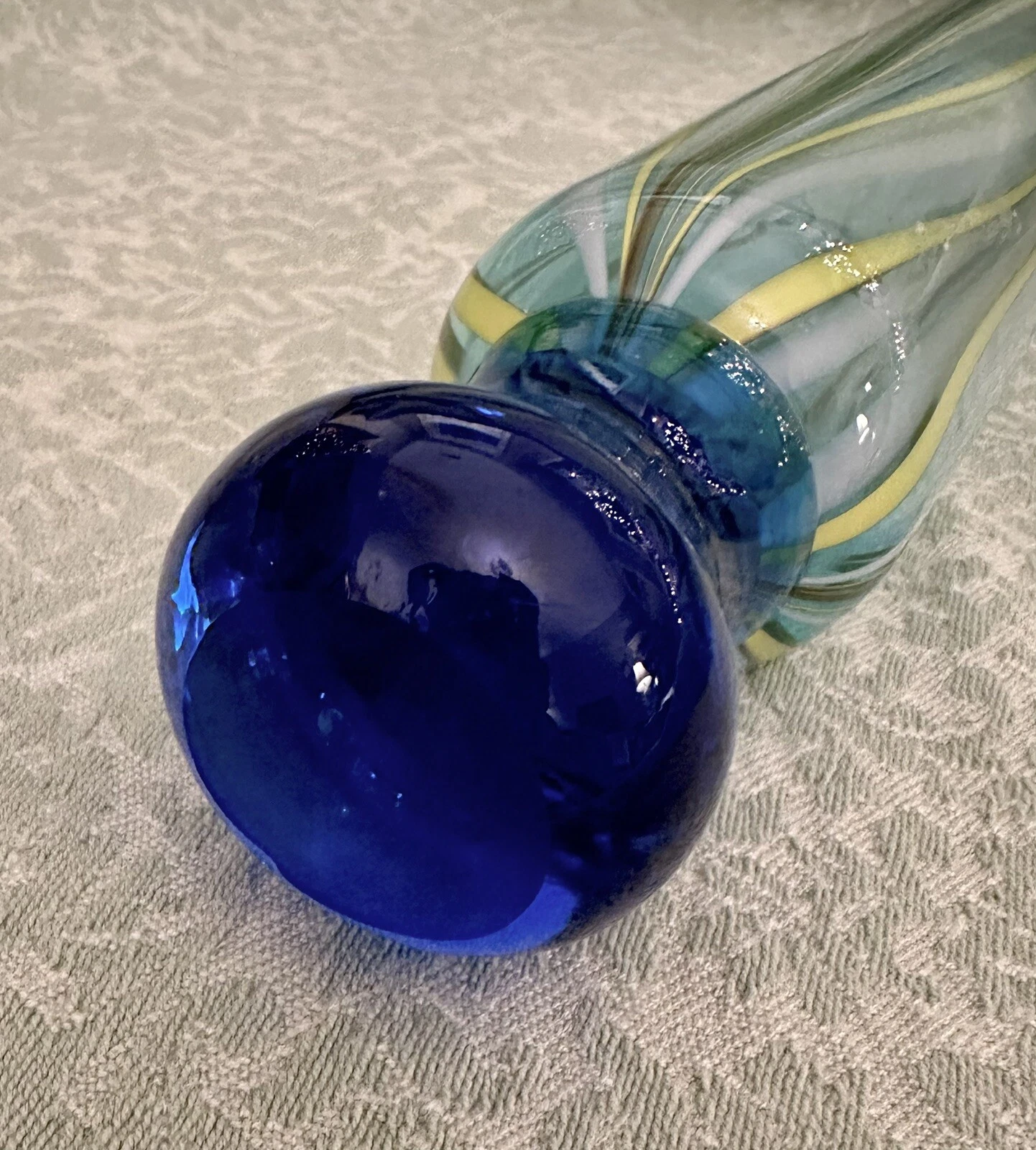 Hand-Blown Art Glass Rolling Pin Cobalt Blue Ends Candy Cane Striped 16.5 in