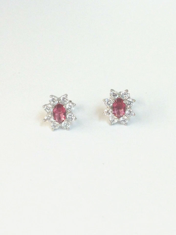 orecchini lobo argento 925 rodiato zirconi bianchi rosso rosa ovale punto luce - Immagine 2 di 4