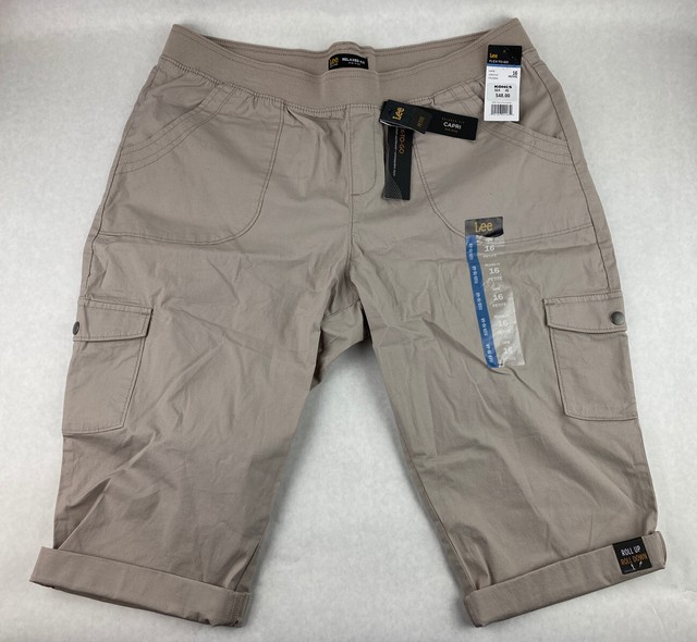 Lee Relaxed Fit Capri Mid Rise Tan Cargo Short Elastic Waist Women Petite Sz 16 | eBay