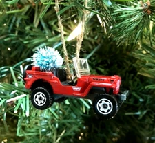 🎄 Matchbox Willys Jeep Red Warn Handmade Christmas Ornament w/Miniature Tree 🎄