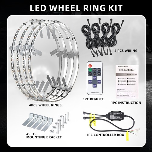 Luz LED para llanta de rueda 4 anillos 14""/15,5""/17"" blanco puro cuatro filas para automóvil camión + control remoto - Imagen 15 de 50