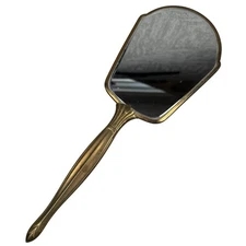 Antique Ornate Handheld Vanity Mirror Brass Gold Tone Art Deco Hollywood Vintage